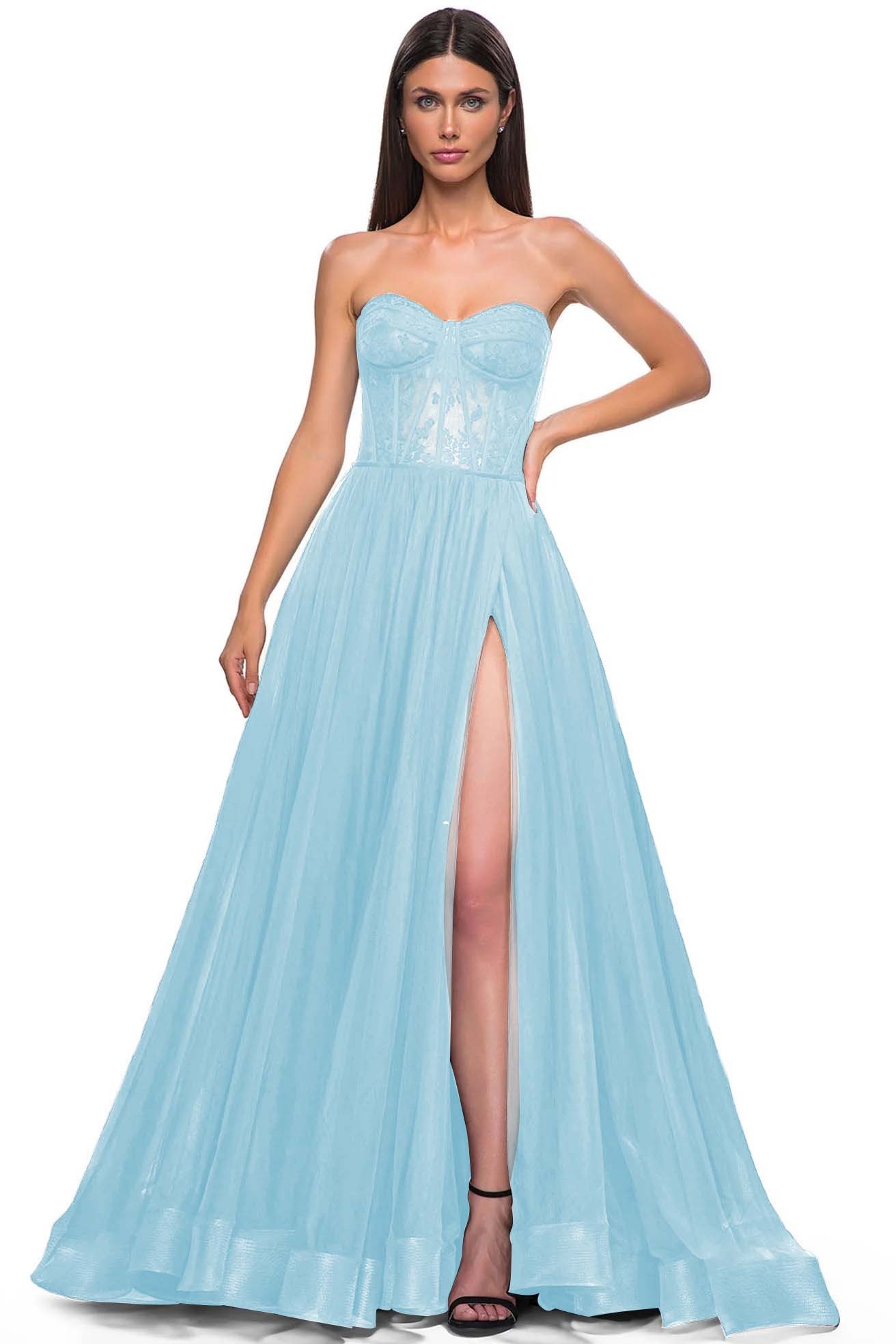 Strapless Sleeveless Long High Split Prom Dress With Appliques