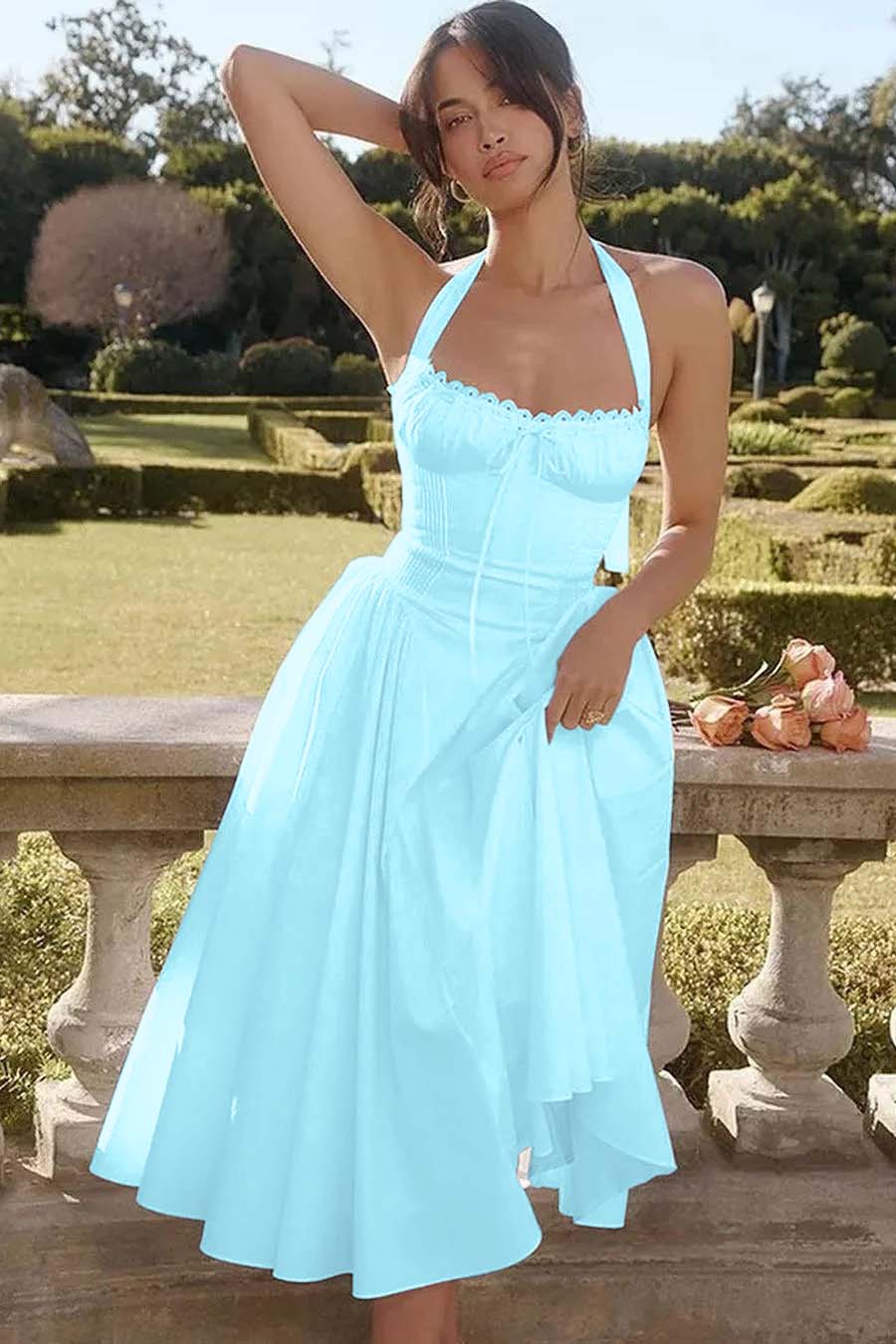 Chic White Halter Sleeveless Sweetheart Tea Length Prom Dress