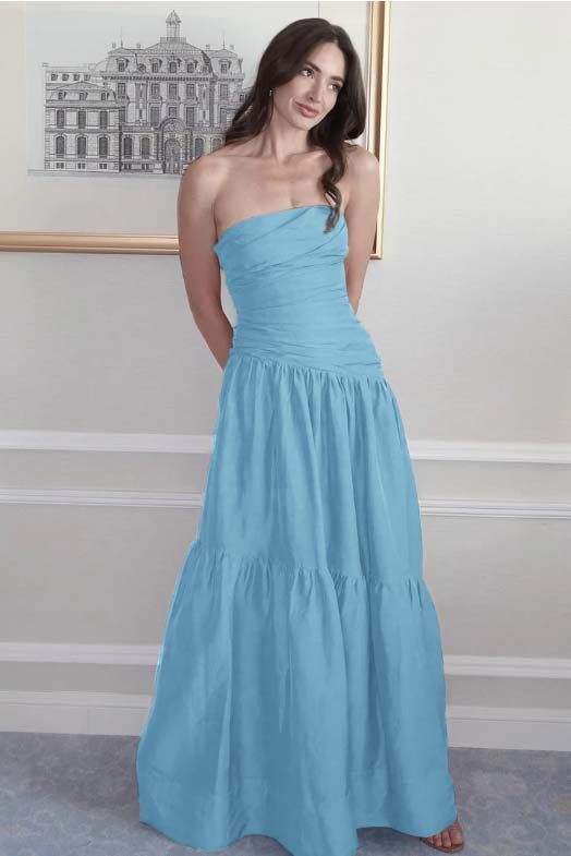 Strapless Sleeveless A Line Long Prom Dress With Pleated Pockets