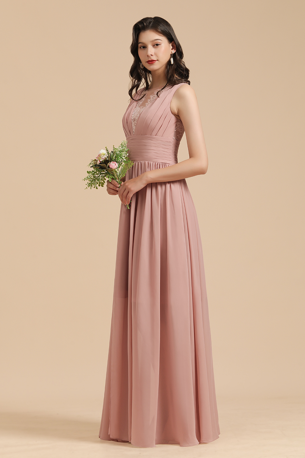 BMbridal Dusty Rose Chiffon V-Neck Bridesmaid Dress Long-BMbridal
