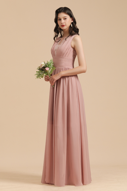 BMbridal Dusty Rose Chiffon V-Neck Bridesmaid Dress Long-BMbridal