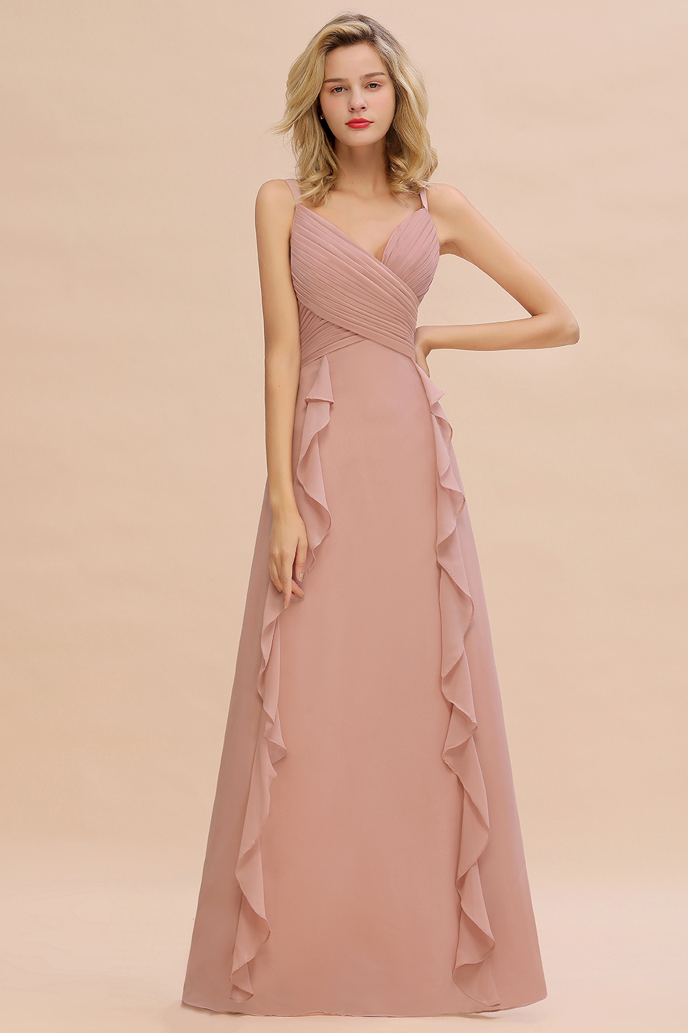 BMbridal Chiffon Long Sleeveless Bridesmaid Dress with Cascading Ruffles-BMbridal