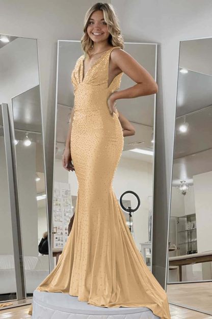 Halter Sleeveless Long Mermaid Prom Dress With Beading Pleated