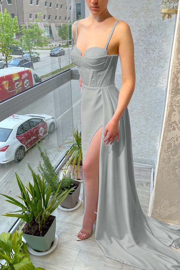 White Sleeveless Mermaid Spaghetti Strap Split Long Prom Dress With Ruffles