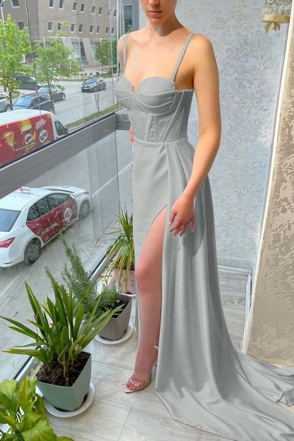 White Sleeveless Mermaid Spaghetti Strap Split Long Prom Dress With Ruffles