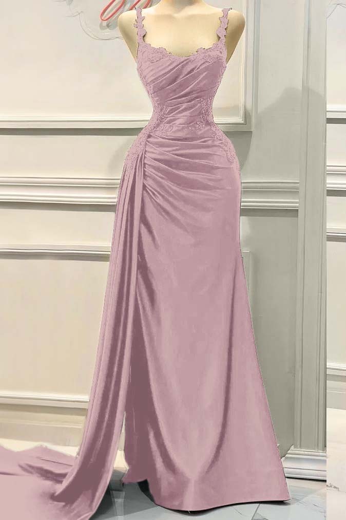 Charming Spaghetti Strap Sleeveless Pleated Long Prom Dress With Appliques
