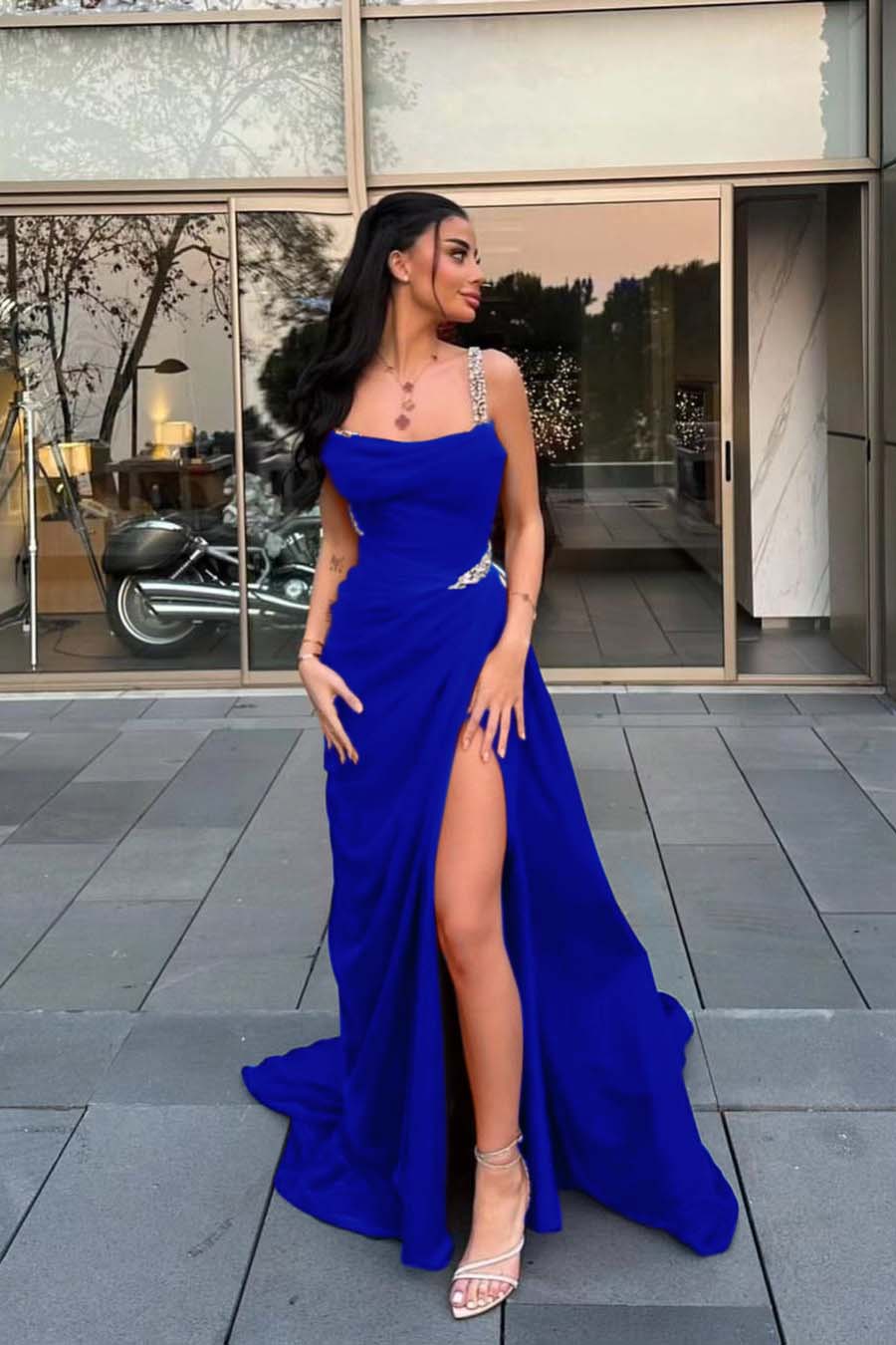Spaghetti Strap Sleeveless Long Prom Dress With Split Beading