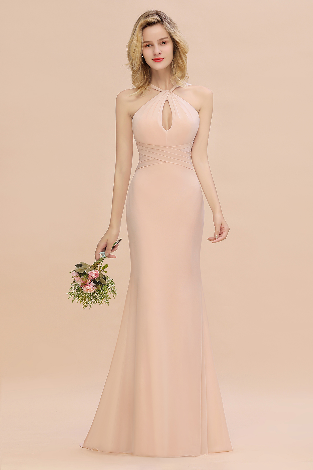 BMbridal Chic Mermaid Keyhole Pink Chiffon Long Bridesmaid Dress Affordable with Ruffle-BMbridal