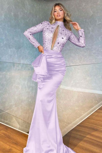 High Collar Long Sleeves Mermaid Pleated Sequins Prom Dress With Beadings
