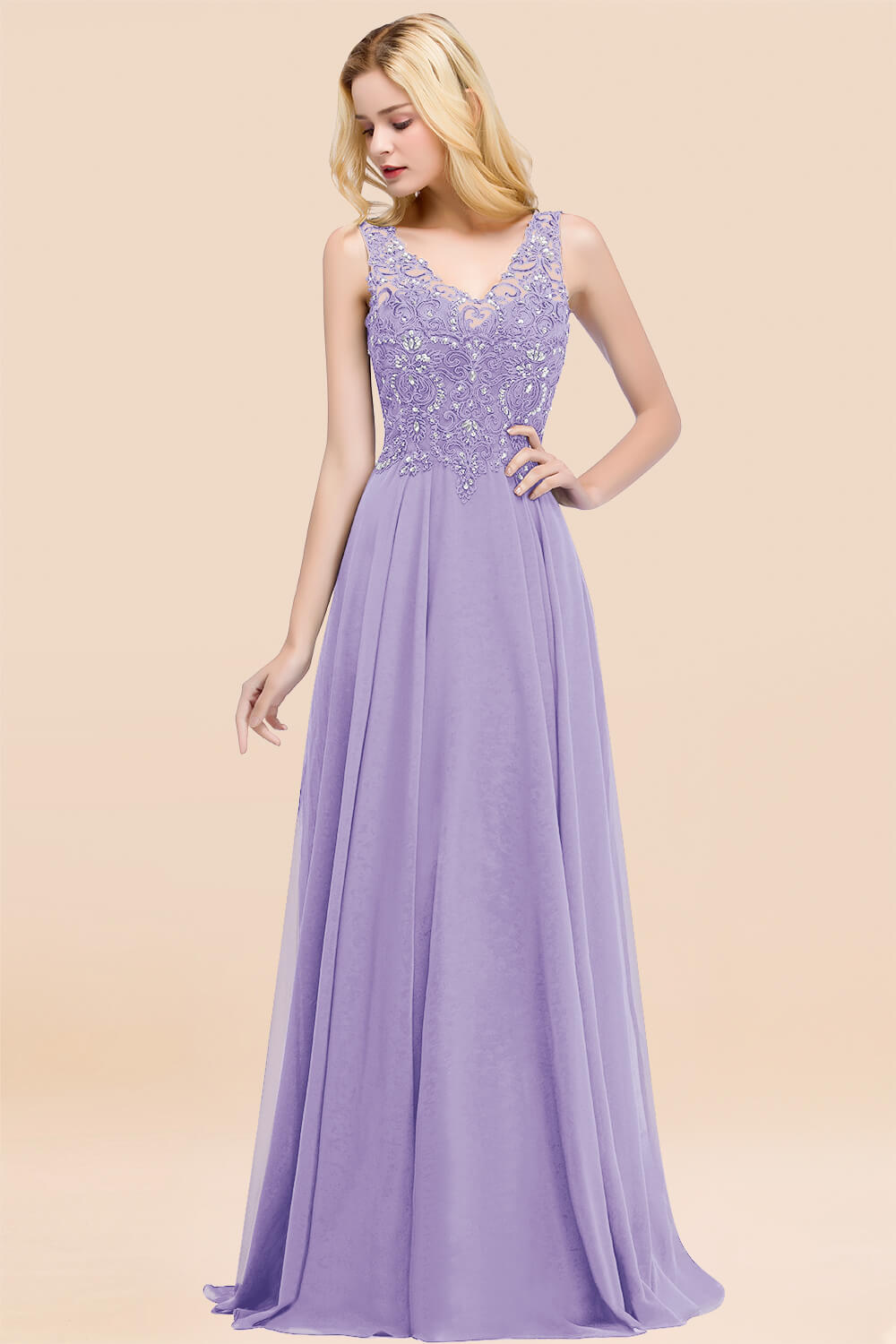 BMbridal Affordable Lace V-Neck Navy Bridesmaid Dresses With Appliques-BMbridal