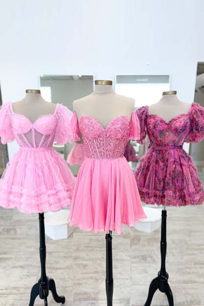 Sparkly Fuchsia Lace-Up Back A-Line Short Homecoming Dress with Lace