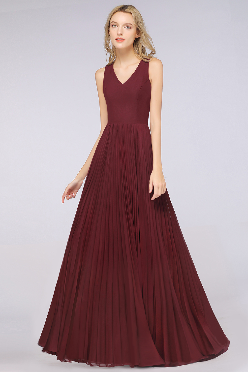 BMbridal Glamorous Chiffon V-Neck Ruffle Burgundy Bridesmaid Dresses Affordable-BMbridal