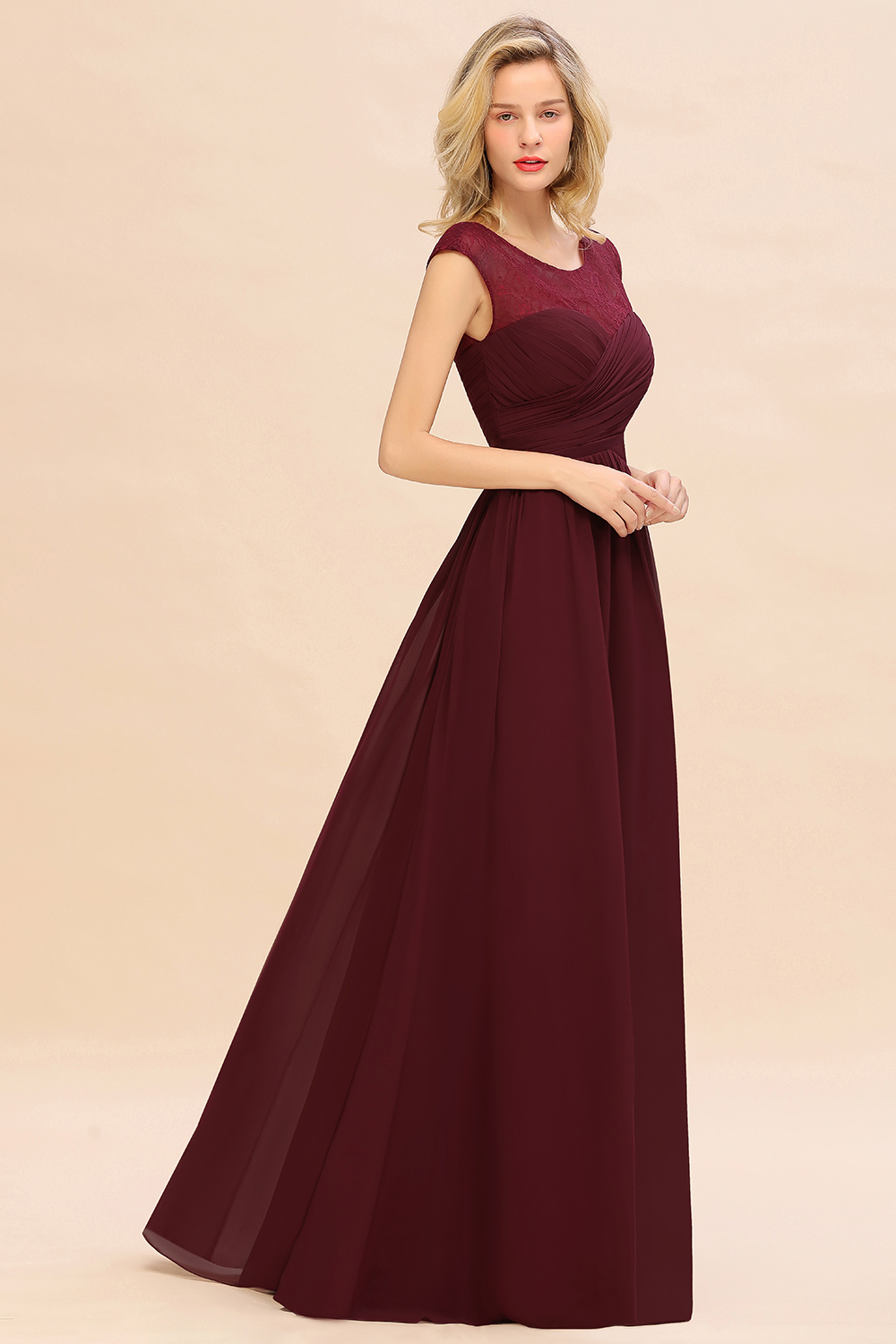 BMbridal Modest Burgundy Chiffon Sleeveless Ruffle Bridesmaid Dress Affordable-BMbridal