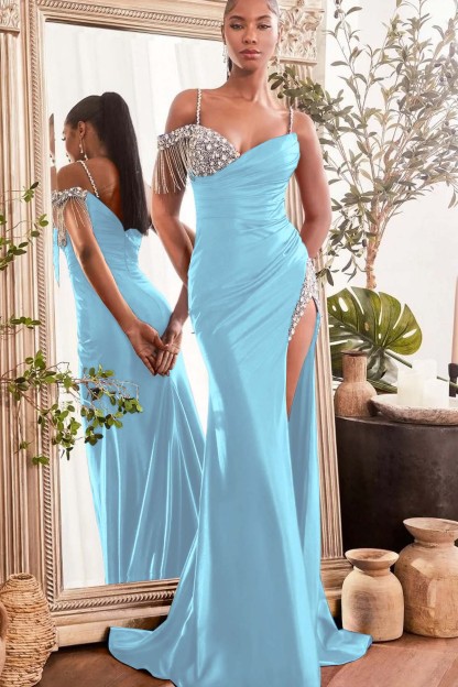 Spaghetti Strap Sleeveless Split Long Mermaid Prom Dress With Beading