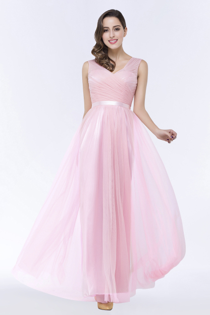 BMbridal Elegant Tulle V-Neck Sleeveless Ruffle Long Bridesmaid Dress with Sash-BMbridal