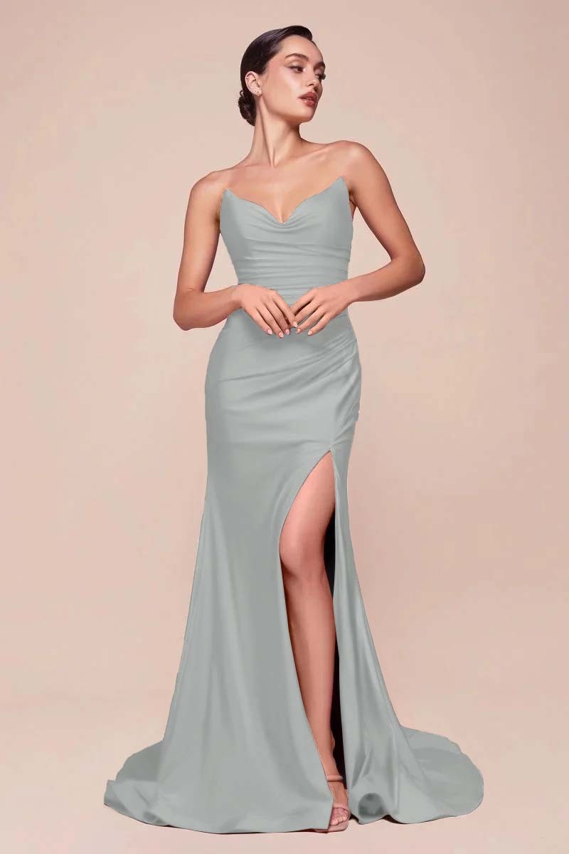 Strapless Sleeveless Long High Split Prom Dress With Pleated