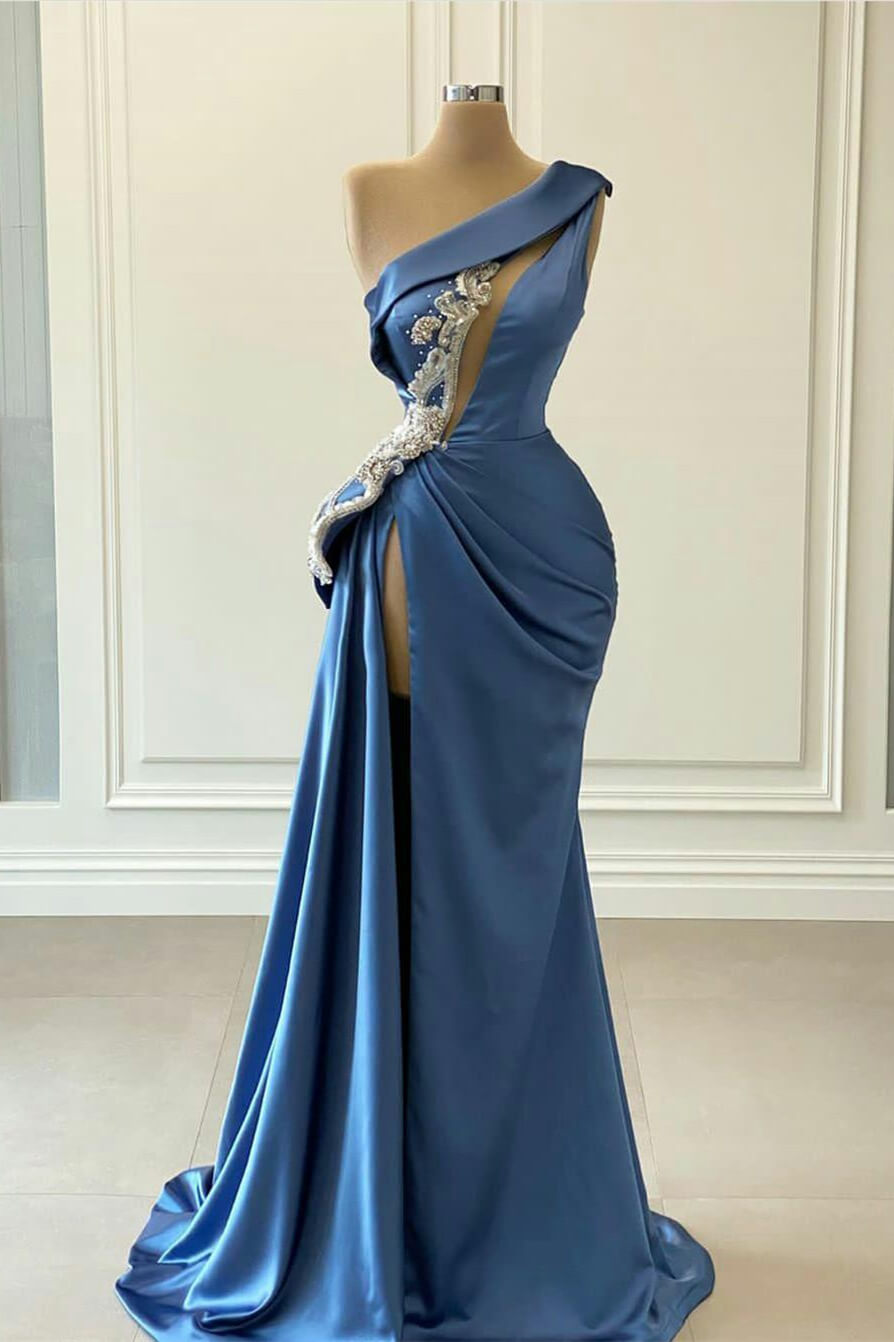 One Shoulder Sleeveless Blue High Split Long Mermaid Prom Dress With Beaded