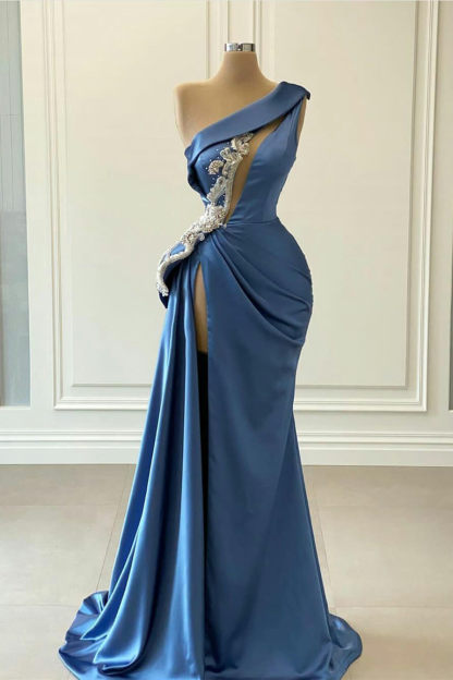 One Shoulder Sleeveless Blue High Split Long Mermaid Prom Dress With Beaded