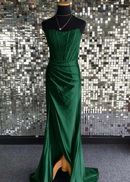 Strapless Sleeveless Long Mermaid Prom Dress With Sequins Pleated