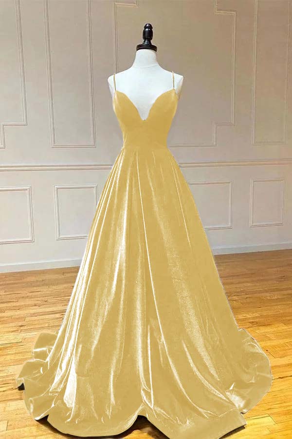 Spaghetti Strap V Neck Sleeveless Long Prom Dress With Pleated