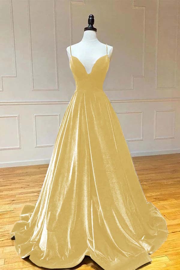 Spaghetti Strap V Neck Sleeveless Long Prom Dress With Pleated