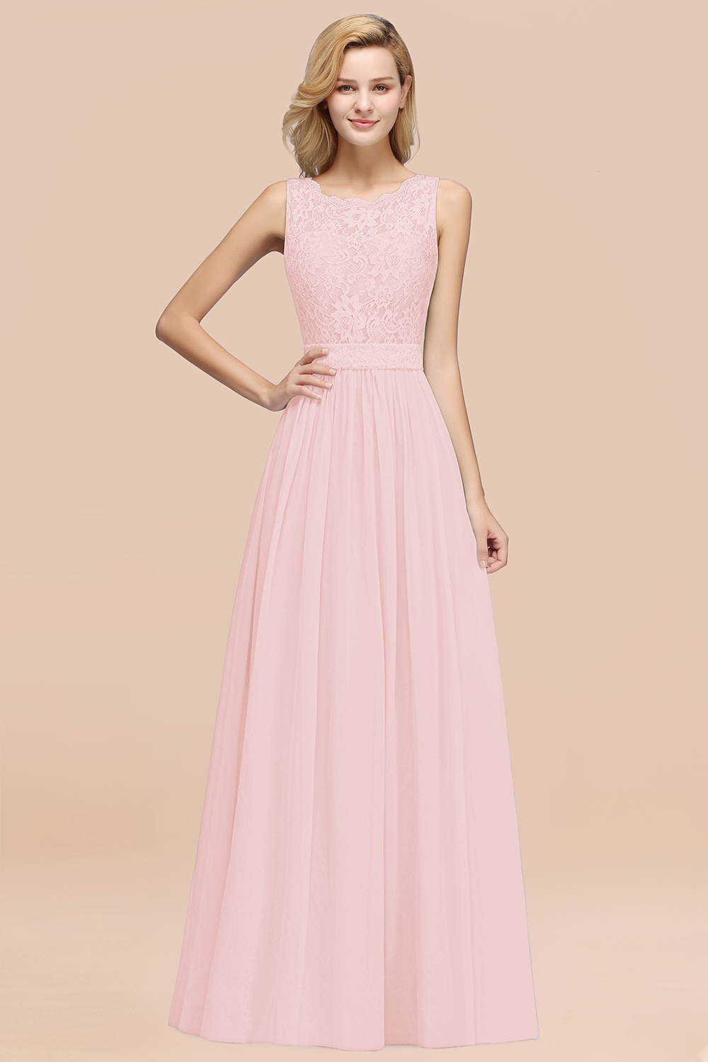 BMbridal Elegant Chiffon Lace Scalloped Sleeveless Ruffle Bridesmaid Dresses-BMbridal