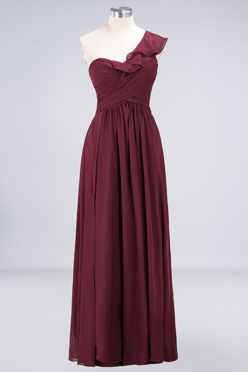 BMbridal Gorgeous Sweetheart Ruffle Burgundy Chiffon Bridesmaid Dress With One-shoulder-BMbridal