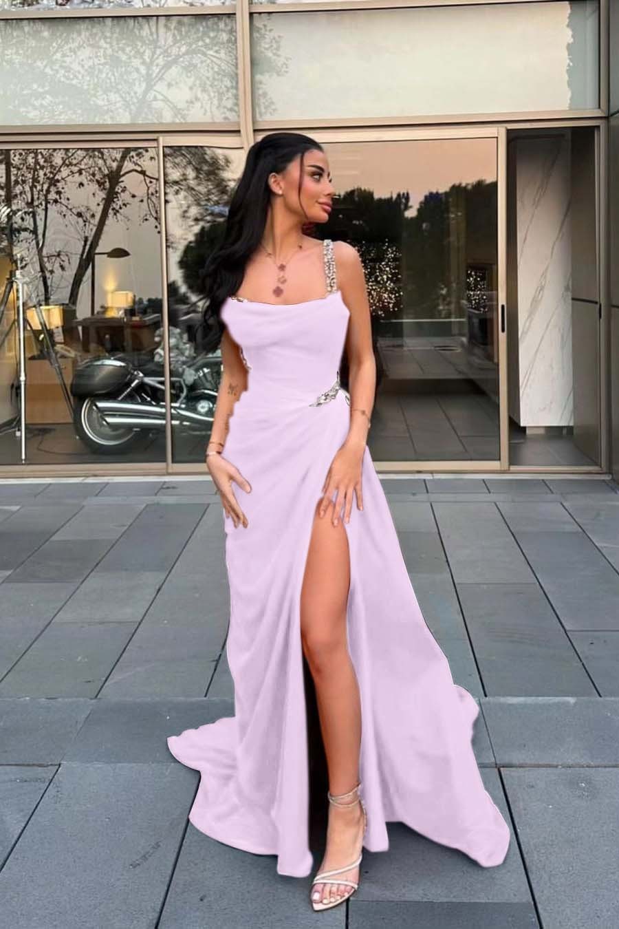 Spaghetti Strap Sleeveless Long Prom Dress With Split Beading