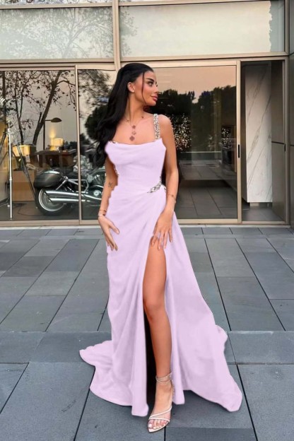 Spaghetti Strap Sleeveless Long Prom Dress With Split Beading