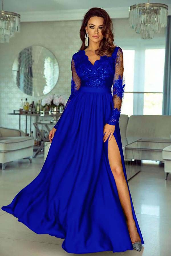 Charming V Neck Long Sleeves Lace A Line Long Prom Dress With Side Split