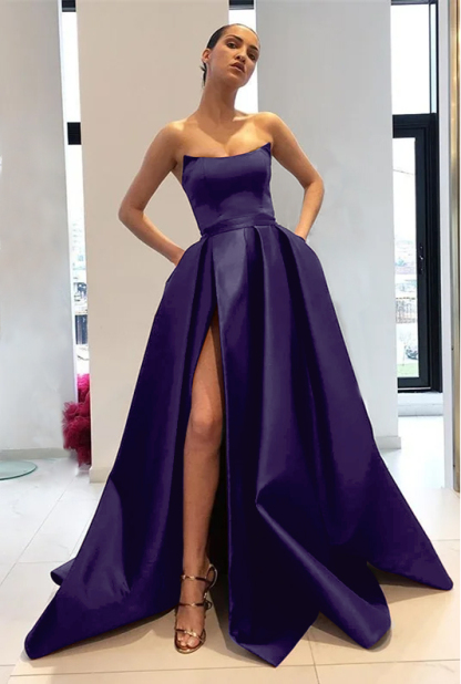 Chic Strapless Burgundy Sleeveless A Line Long Prom Dress With Front Split