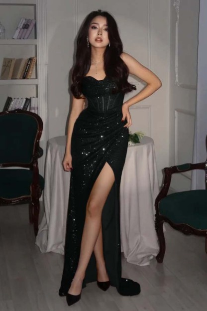 Sequin Strapless Sleeveless Long High Split Prom Dress With Pleated