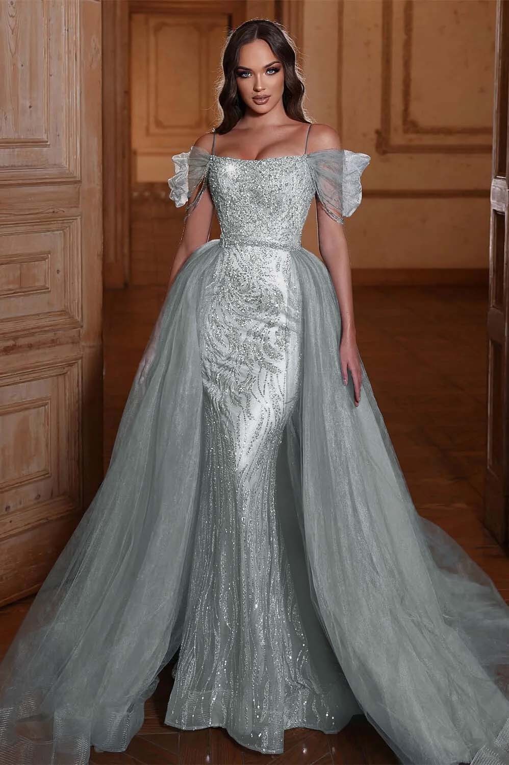 Off the Shoulder Mermaid Prom Dress Tulle Ruffles With Appliques