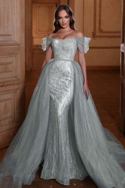 Off the Shoulder Mermaid Prom Dress Tulle Ruffles With Appliques