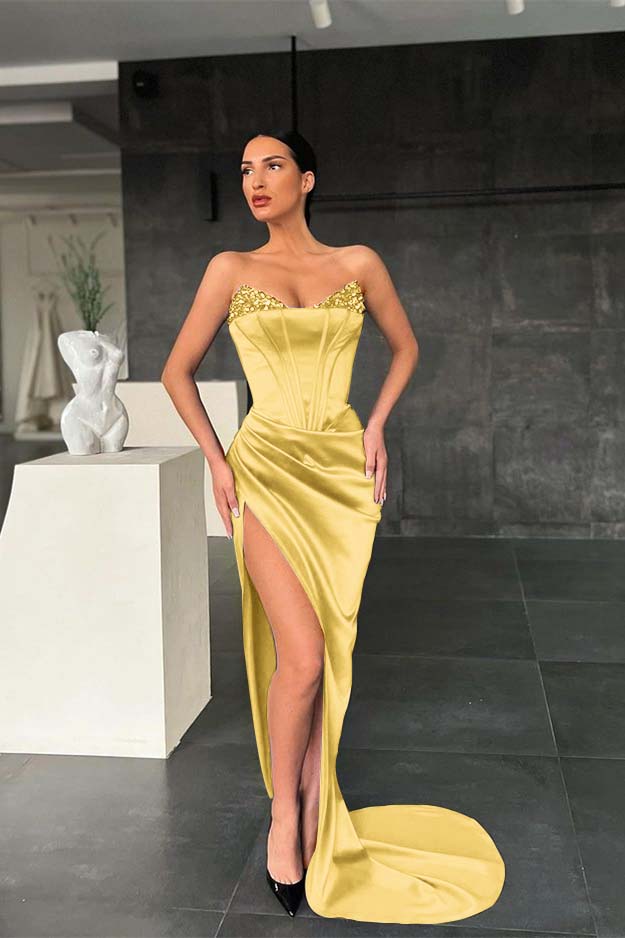 Mermaid Royal Blue Strapless Sleeveless Prom Dress High Split With Sequins