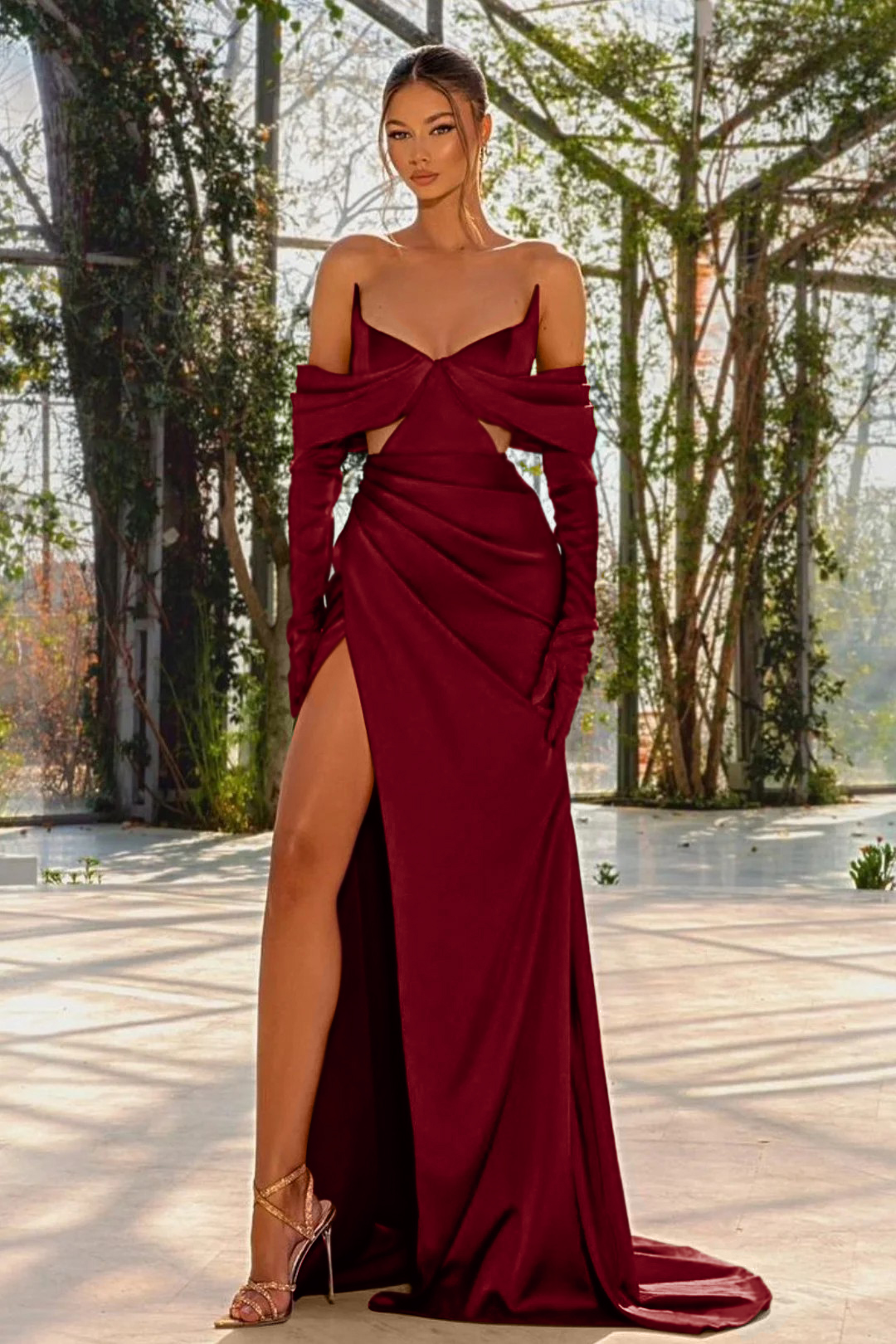 Off the Shoulder Prom Dress Red Half Sleeves With Slit Pleated Gloves