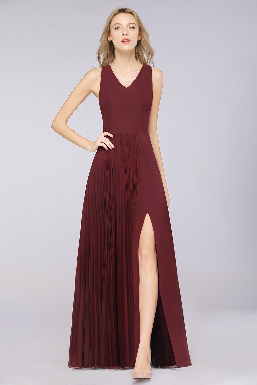 BMbridal Glamorous Chiffon V-Neck Ruffle Burgundy Bridesmaid Dresses Affordable-BMbridal