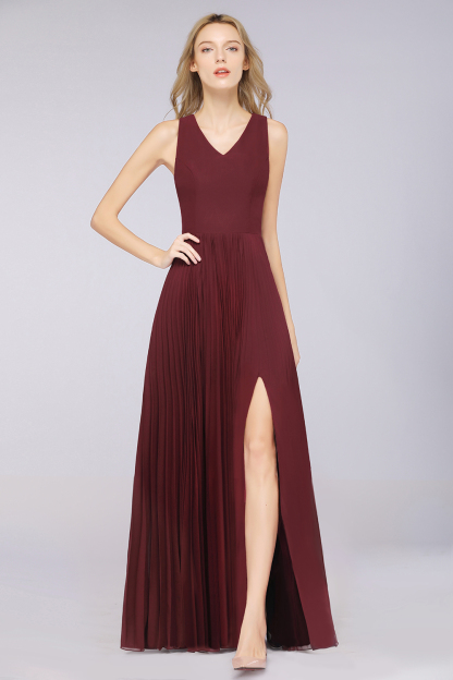 BMbridal Glamorous Chiffon V-Neck Ruffle Burgundy Bridesmaid Dresses Affordable-BMbridal