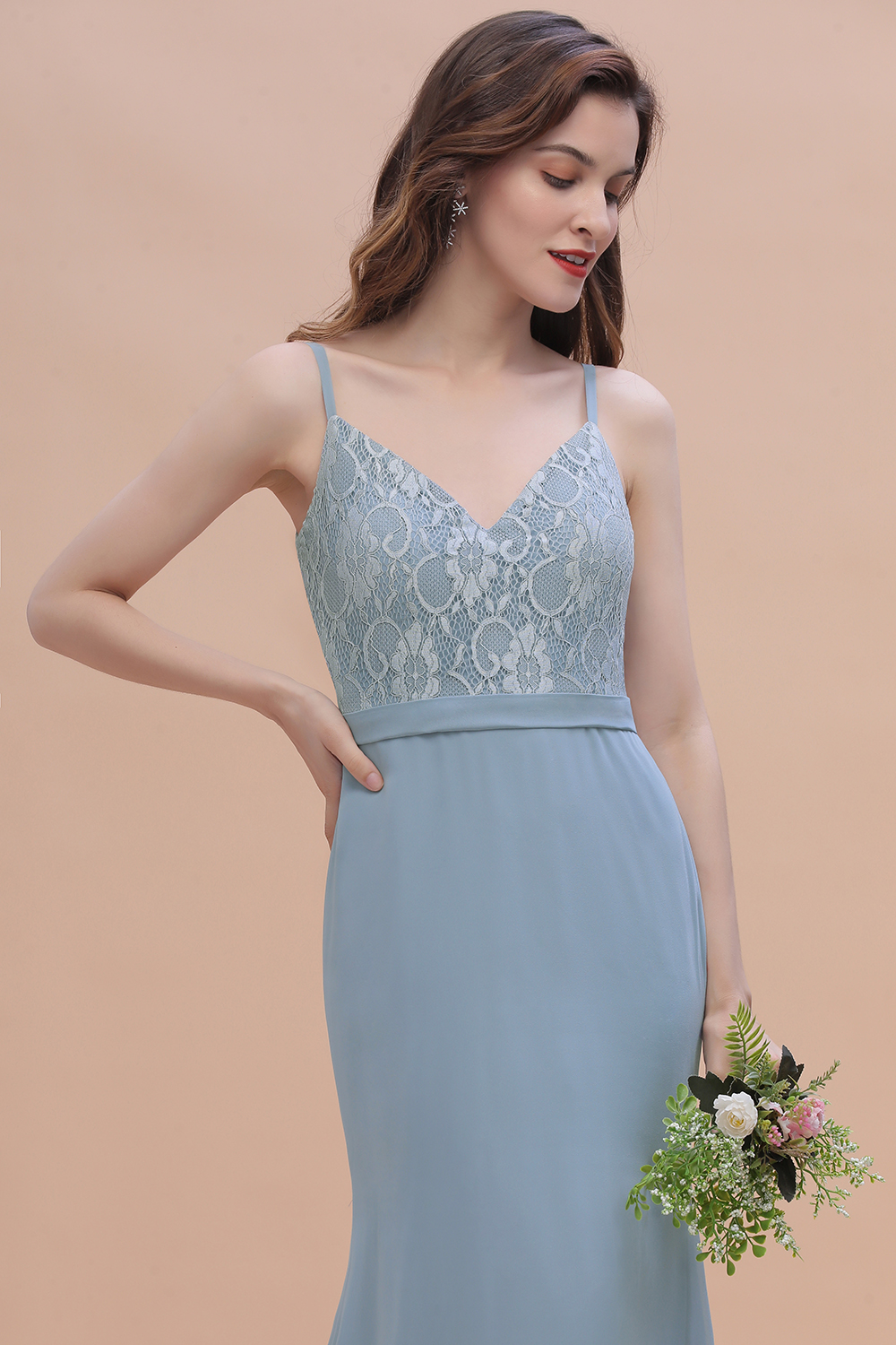BMbridal Elegant Mermaid Chiffon Lace Dusty Blue Bridesmaid Dress with Spaghetti Straps On Sale-BMbridal