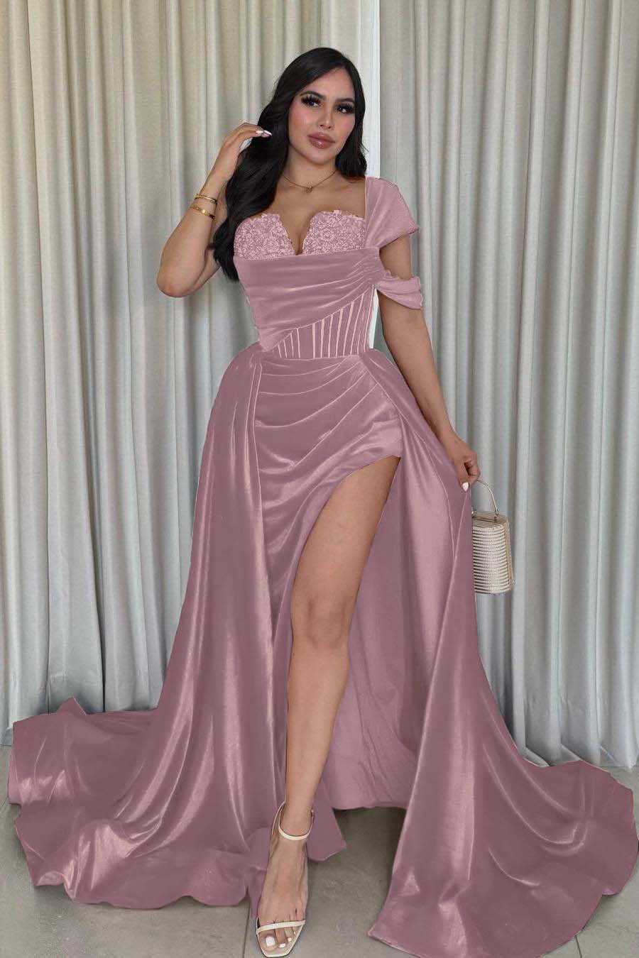 One Shoulder Sleeveless Long Mermaid Prom Dress With Split Pleated