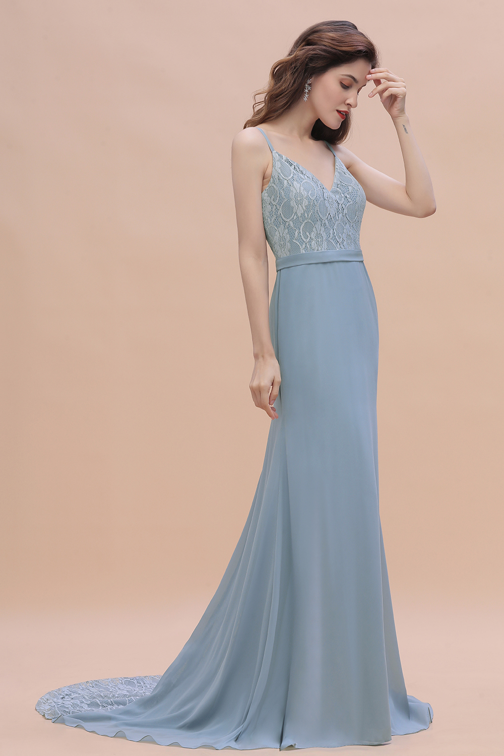 BMbridal Elegant Mermaid Chiffon Lace Dusty Blue Bridesmaid Dress with Spaghetti Straps On Sale-BMbridal