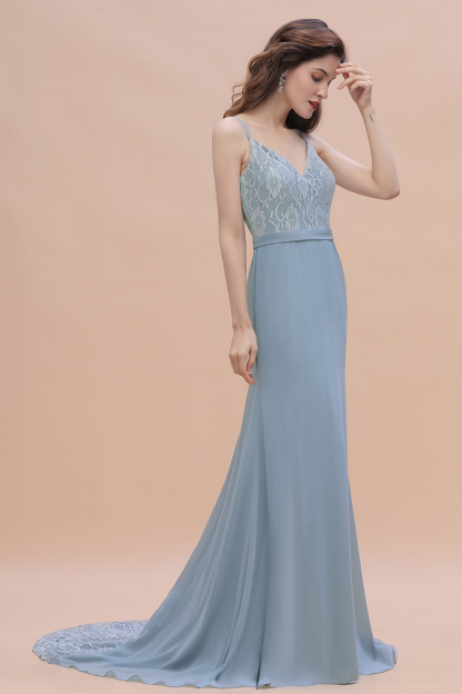 BMbridal Elegant Mermaid Chiffon Lace Dusty Blue Bridesmaid Dress with Spaghetti Straps On Sale-BMbridal