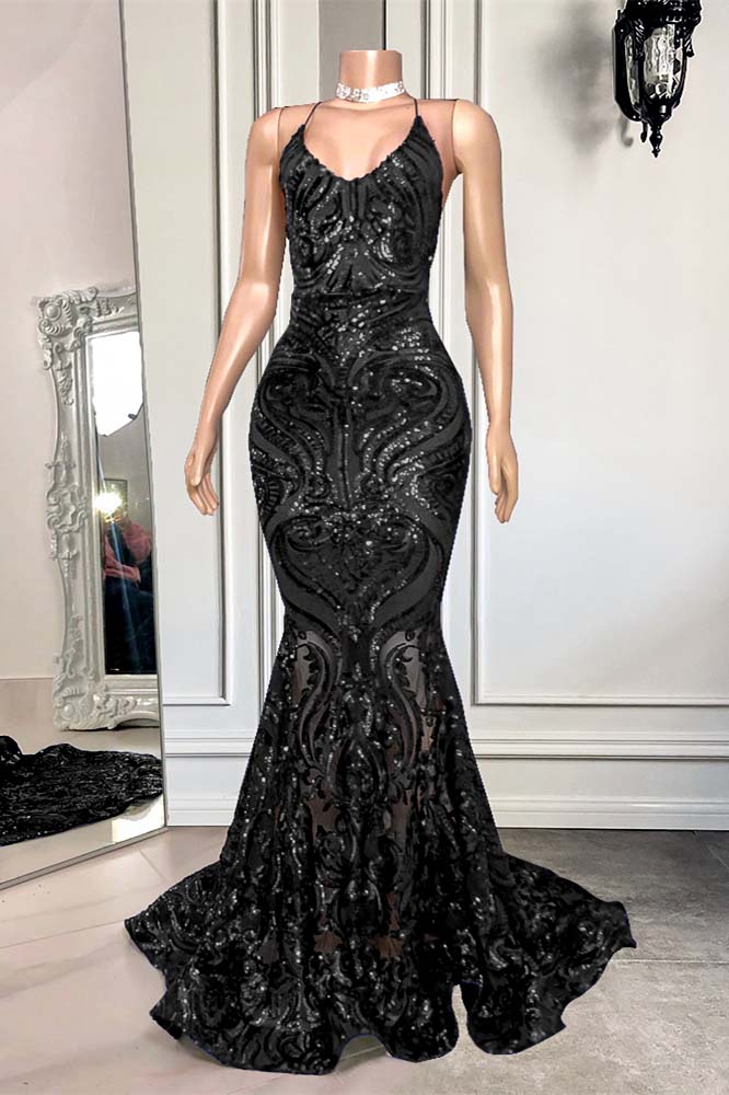 Mermaid Spaghetti Strap Sleeveless Royal Blue Long Prom Dress With Sequins