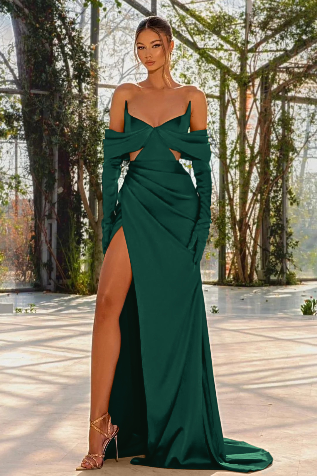 Off the Shoulder Prom Dress Red Half Sleeves With Slit Pleated Gloves