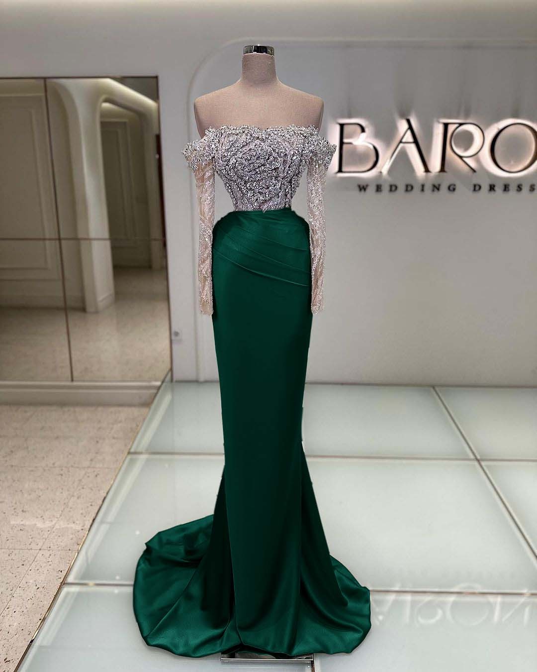 Off the Shoulder Long Sleeves  Long Mermaid Prom Dress With Beading