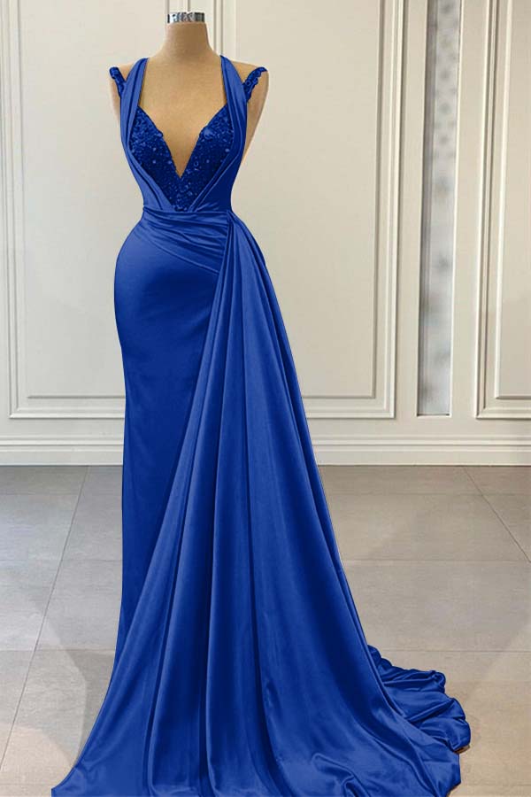 Halter V Neck Sleeveless Long Prom Dress With Beading Pleated