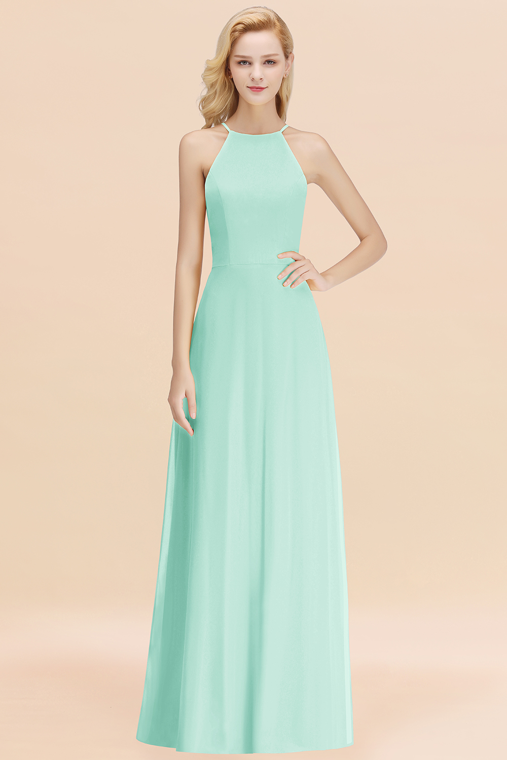 BMbridal Modest High-Neck Yellow Chiffon Affordable Bridesmaid Dresses Online-BMbridal