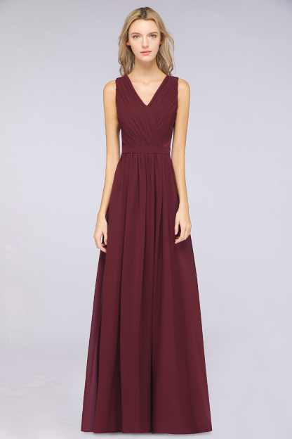 BMbridal Affordable Burgundy V-Neck Ruffle Bridesmaid Dresses with Lace-Back-BMbridal