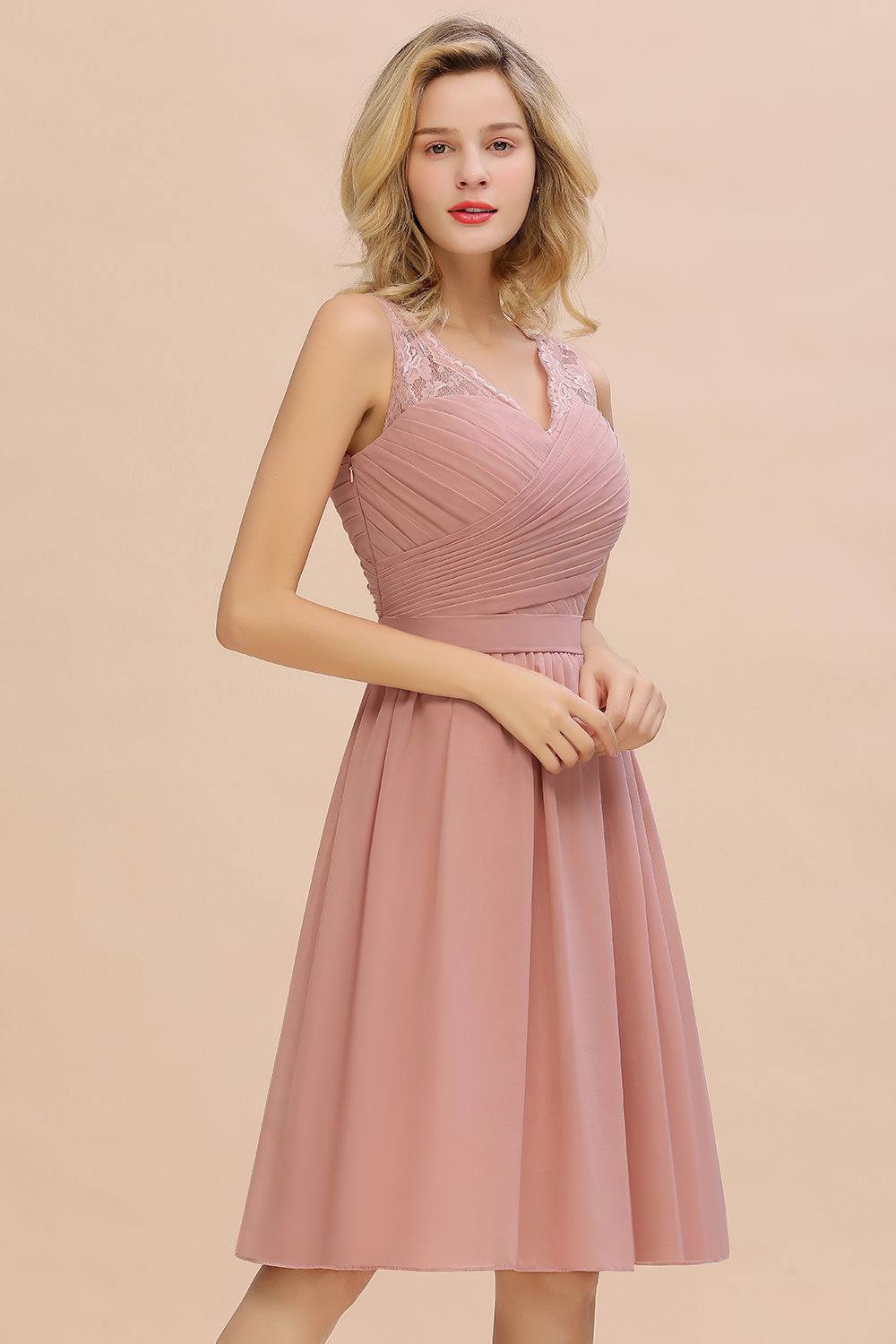 BMbridal Affordable V-Neck Sleeveless Ruffles Short Lace Bridesmaid dresses Online-BMbridal