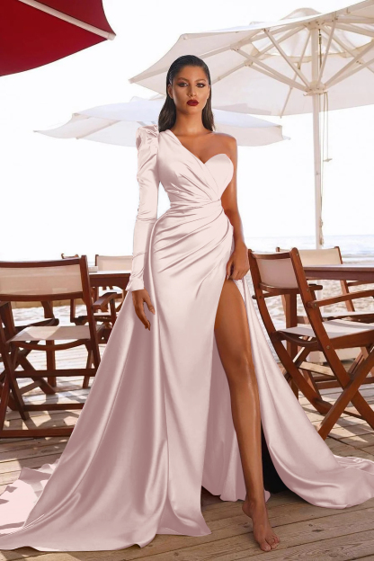 Glamorous One Shoulder Long Sleeve Long Pleated Prom Dress With High Split